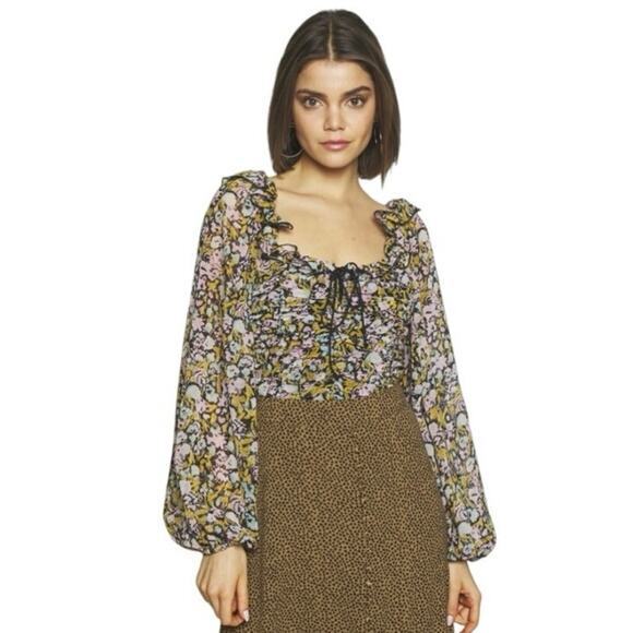 Free People Medium Mabel Balloon Sleeve Ruched Cropped Top Peasant Blouse Floral - Picture 7 of 15